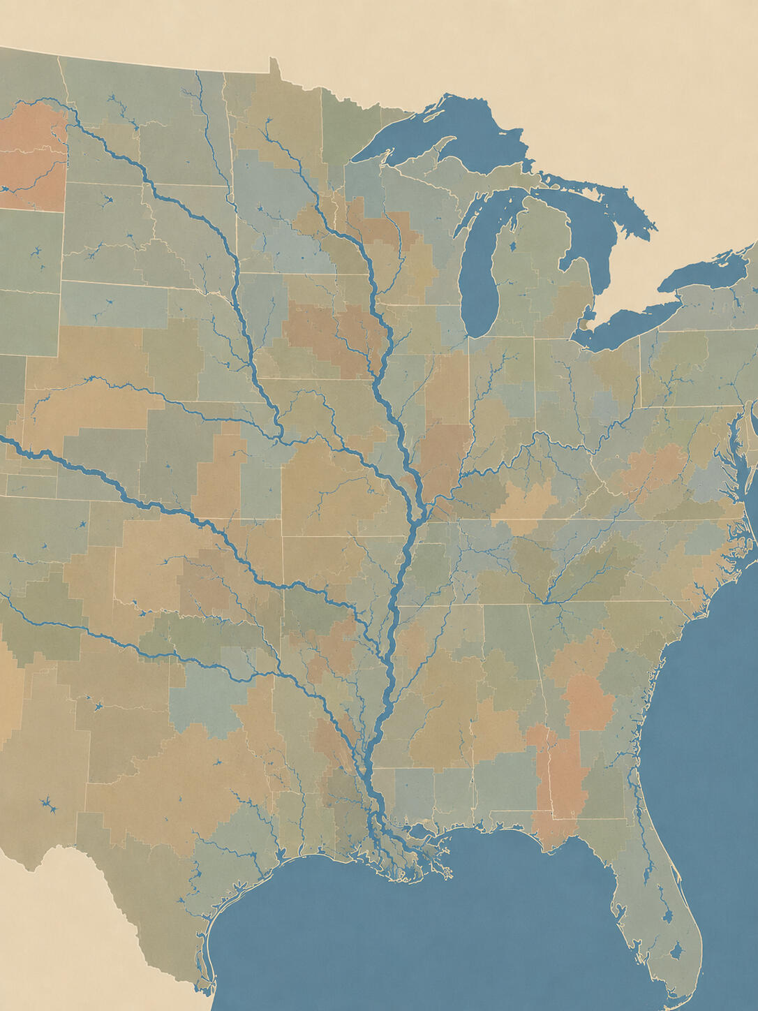 Trailspect Regions and the Mississippi River Portrait map of Trailspect Regions across the central and eastern United States, centered on the Mississippi River and major waterways.